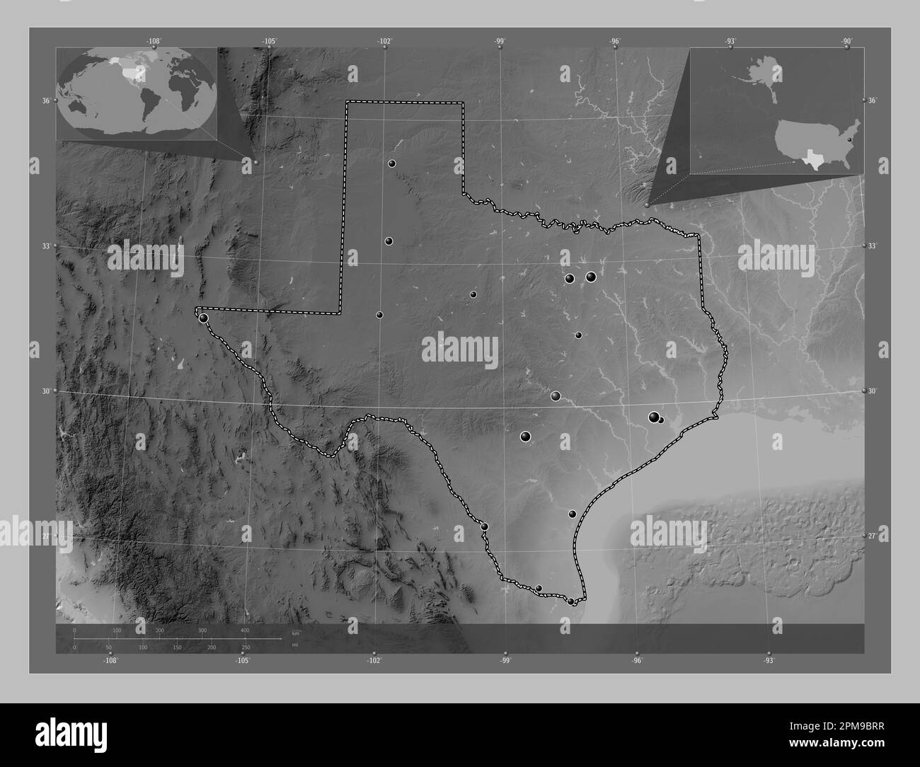 Texas state of United States of - Texas State Of United States Of America Grayscale Elevation Map With Lakes And Rivers Locations Of Major Cities Of The Region Corner Auxiliary Loc 2PM9BRR 