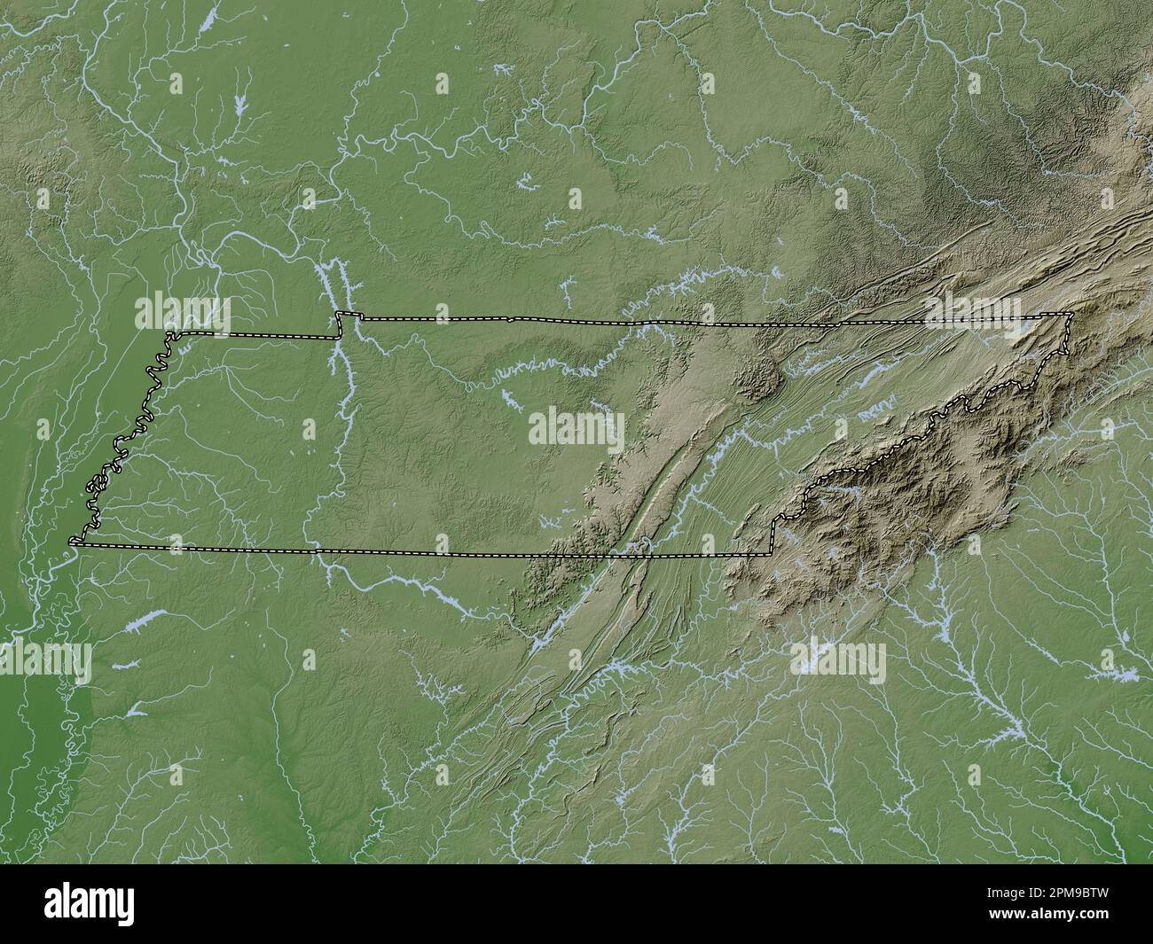 Tennessee, state of United States of America. Elevation map colored in wiki style with lakes and