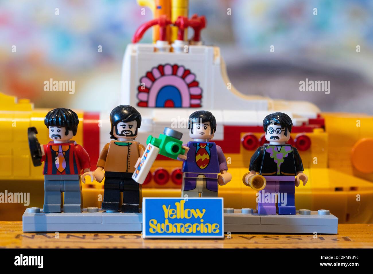 The discontinued Lego version of the iconic Yellow Submarine from the famous 1968 film featuring the Fab Four from the British band The Beatles Stock Photo