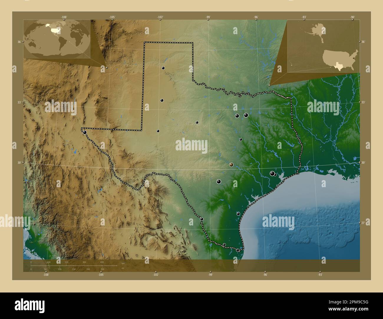 Texas, state of United States of America. Colored elevation map with lakes and rivers. Locations of major cities of the region. Corner auxiliary locat Stock Photo