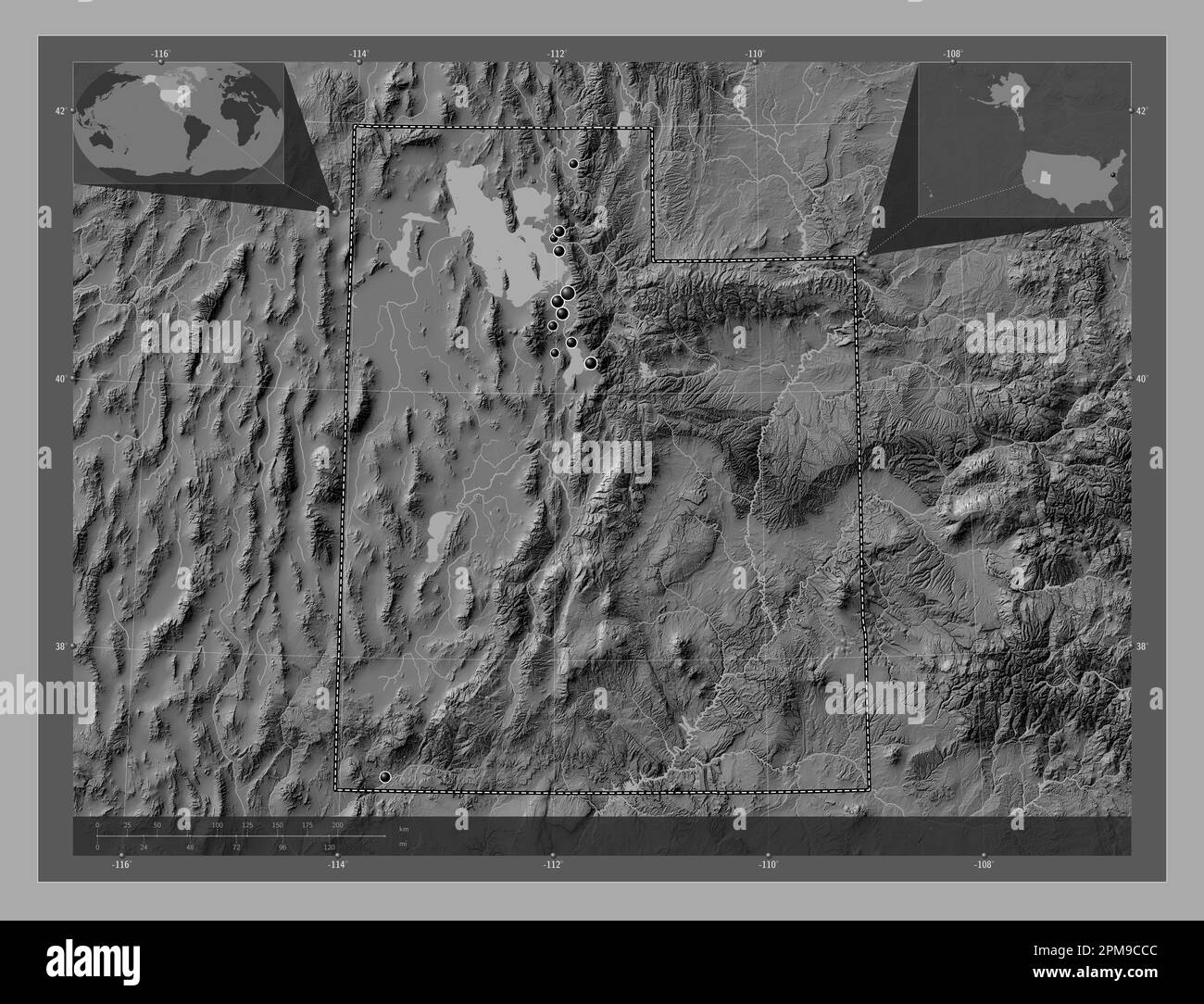 Utah state of United States of - Utah State Of United States Of America Bilevel Elevation Map With Lakes And Rivers Locations Of Major Cities Of The Region Corner Auxiliary Locati 2PM9CCC 
