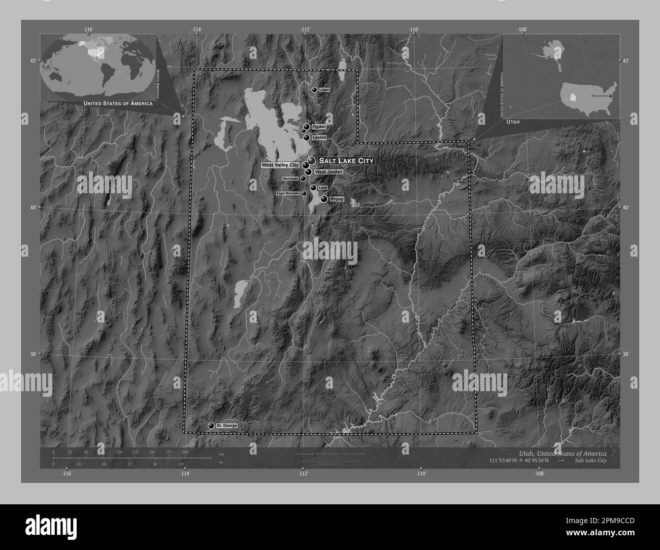 Utah state of United States of - Utah State Of United States Of America Grayscale Elevation Map With Lakes And Rivers Locations And Names Of Major Cities Of The Region Corner Auxi 2PM9CCD 