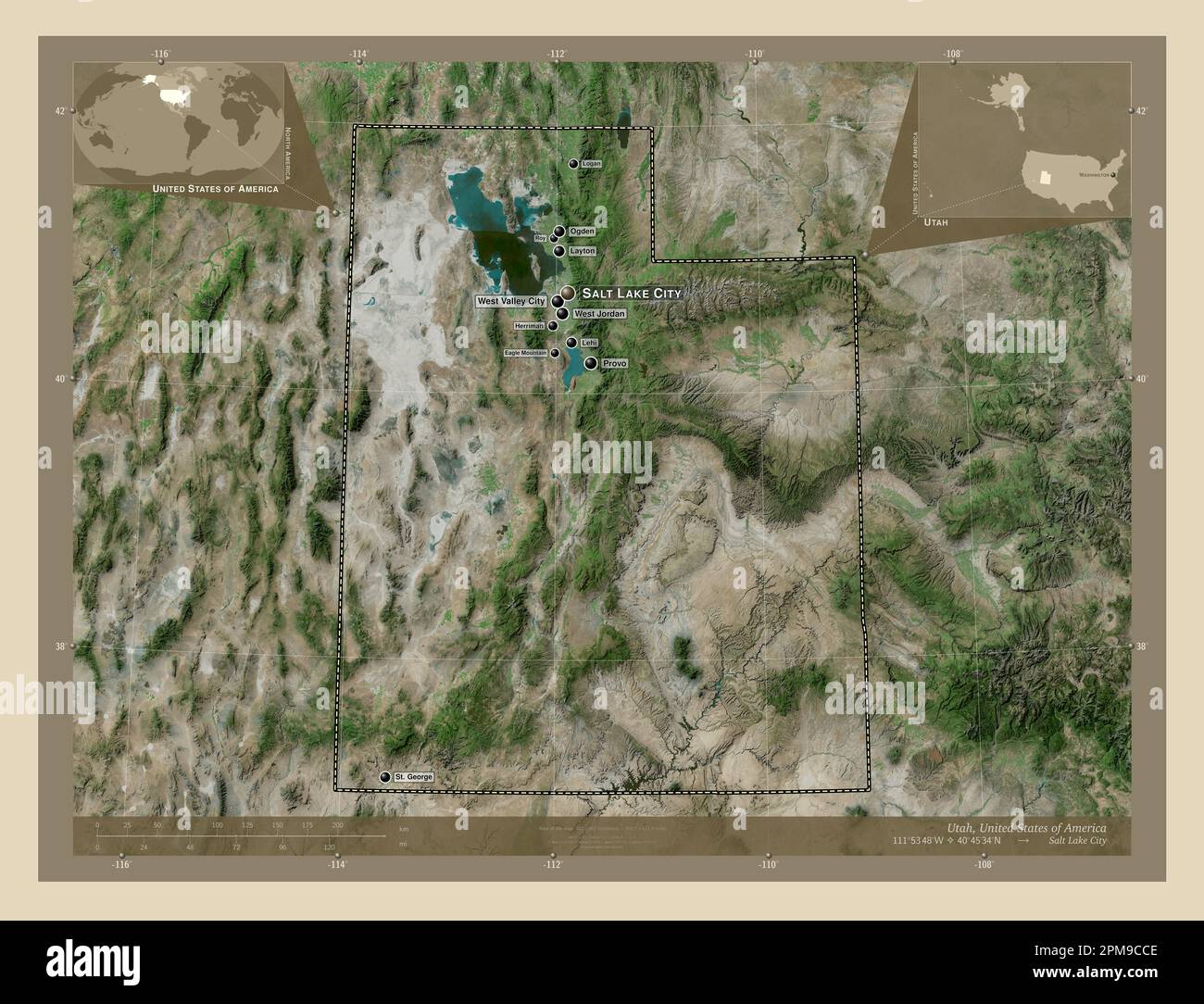 Utah State Of United States Of America High Resolution Satellite Map Utah State Of United States Of America High Resolution Satellite Map Locations And Names Of Major Cities Of The Region Corner Auxiliary Location M 2PM9CCE