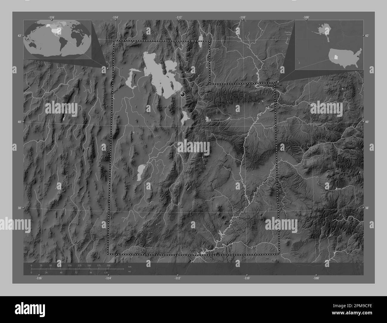 Utah, state of United States of America. Grayscale elevation map with ...