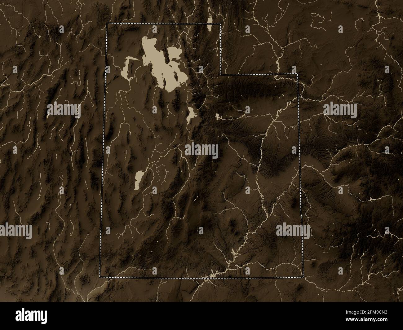 Utah, state of United States of America. Elevation map colored in sepia ...