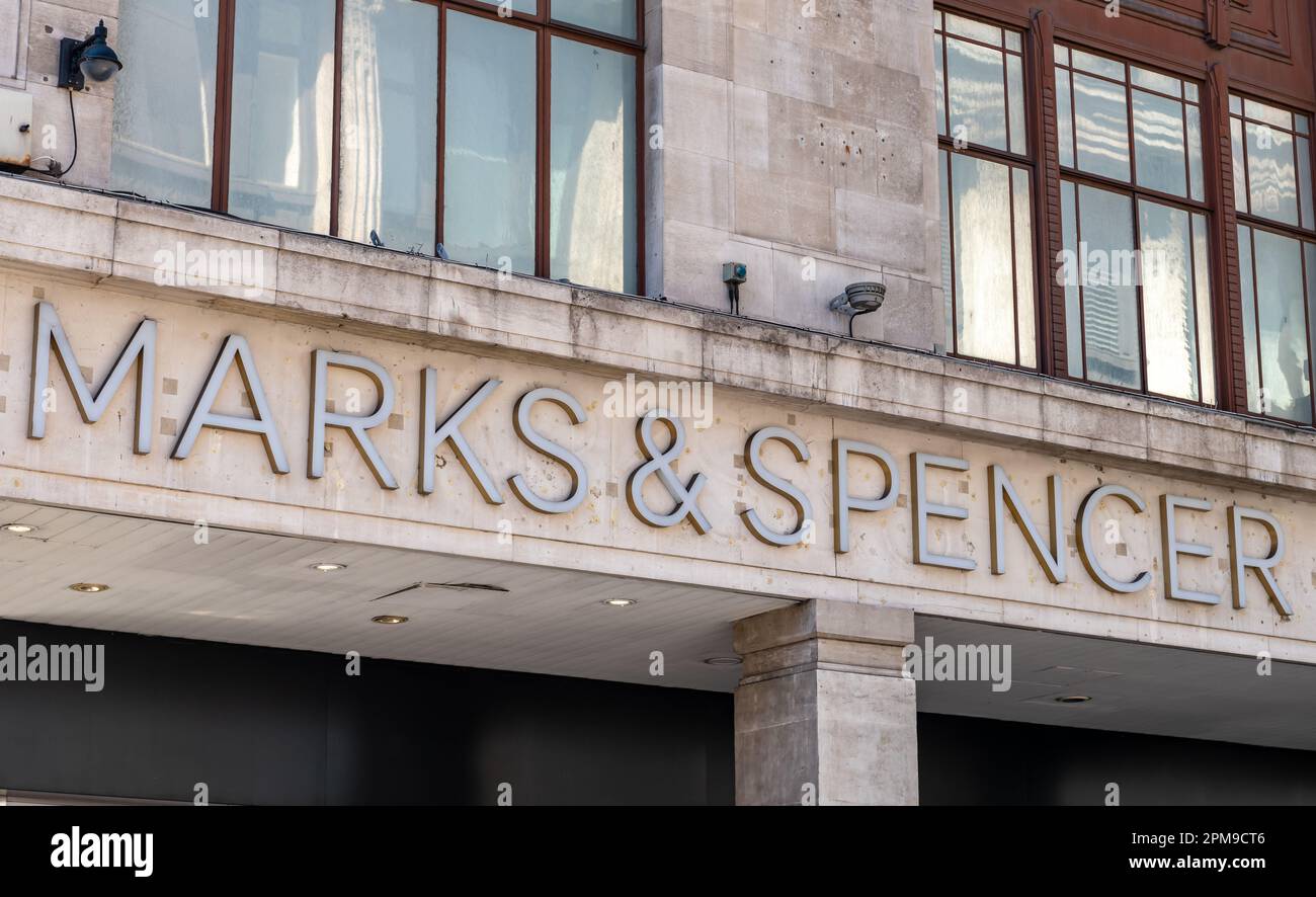 London. UK- 04.09.2023. The name sign of the Marks and Spencers flagship store on Oxford Street. Stock Photo