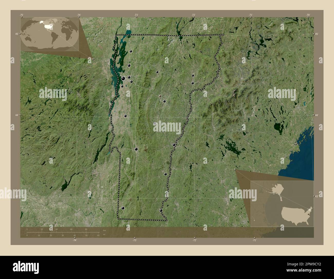 Vermont State Of United States Of America High Resolution Satellite Vermont State Of United States Of America High Resolution Satellite Map Locations Of Major Cities Of The Region Corner Auxiliary Location Maps 2PM9CY2