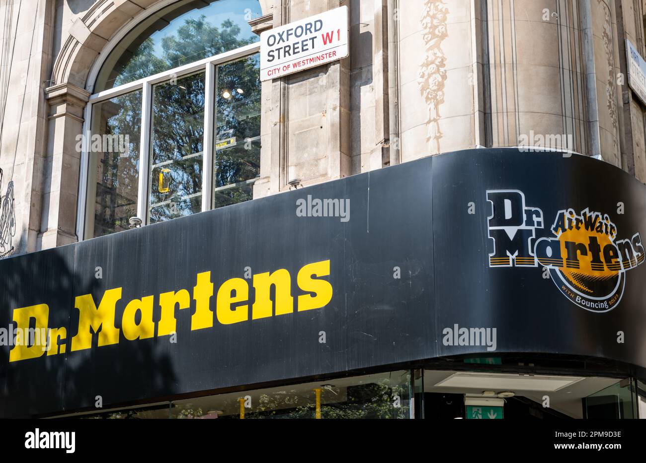 London. UK- 04.09.2023. The facade of the retail store in Oxford Street of the British footwear manufacturer Dr. Martens. Stock Photo