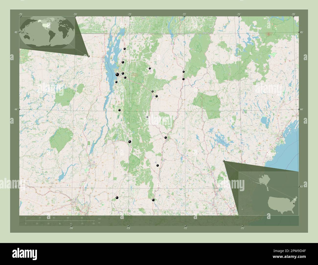Vermont, state of United States of America. Open Street Map. Locations of major cities of the