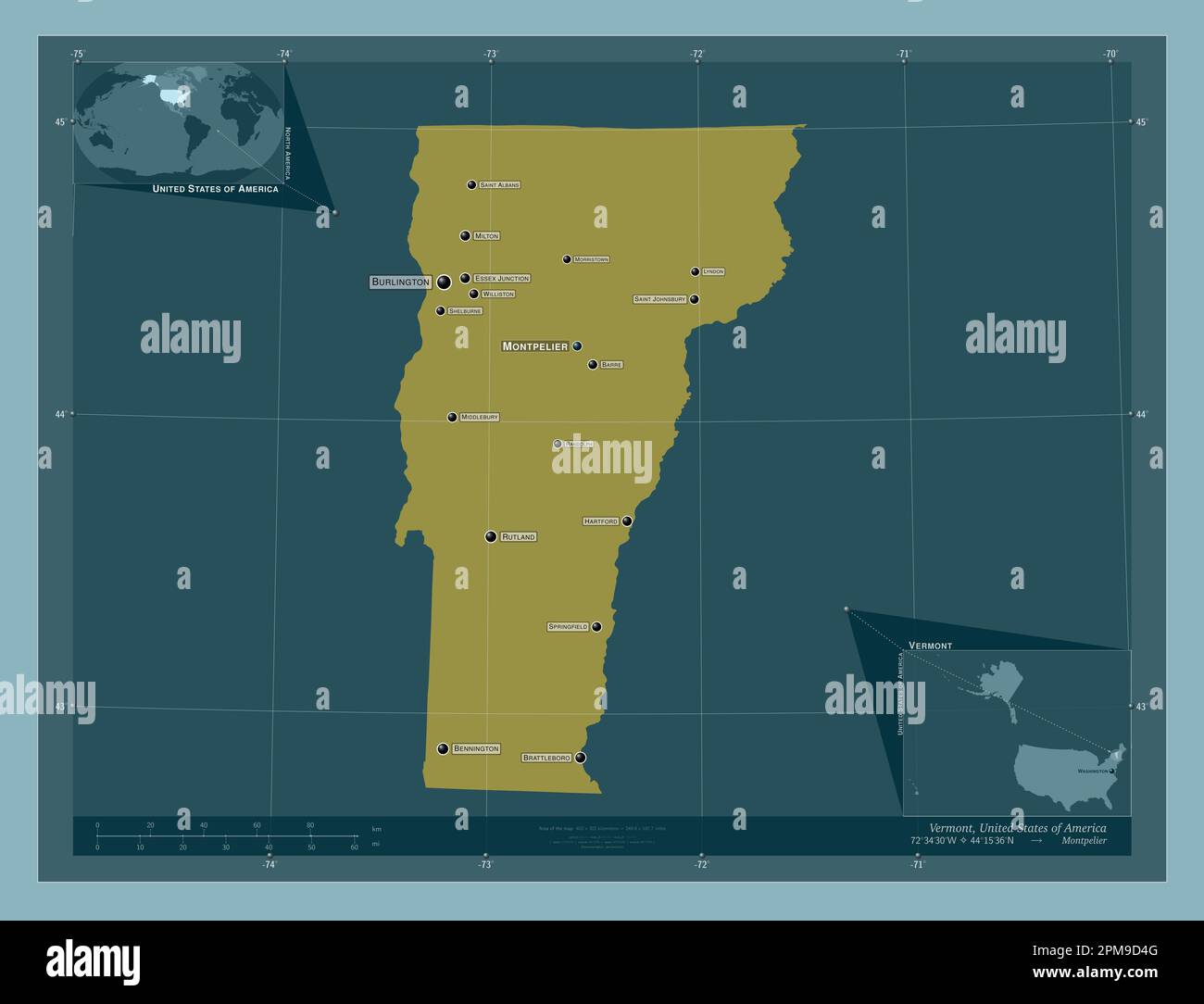 Vermont, state of United States of America. Solid color shape. Locations and names of major