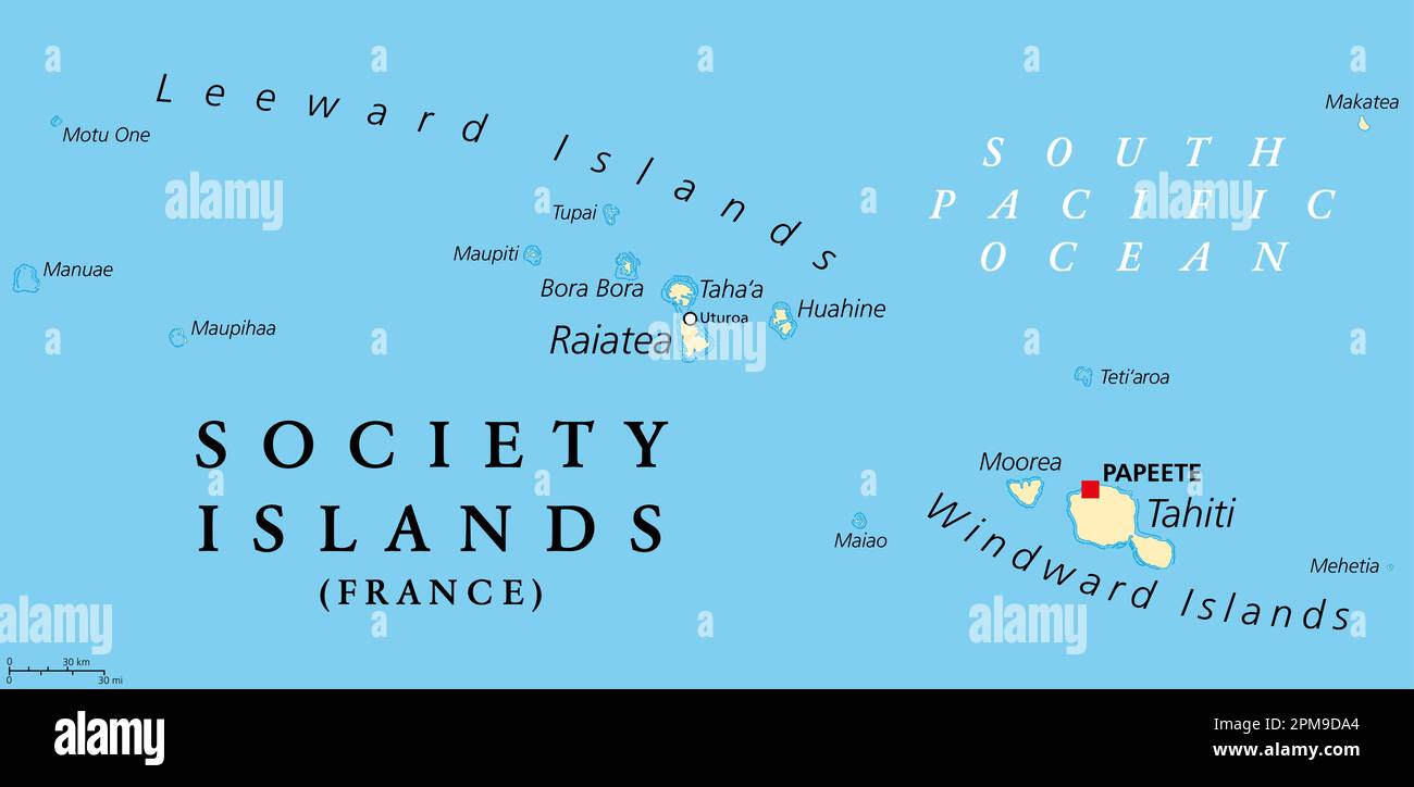 Society Islands, political map. Group of volcanic islands, in French Polynesia, an overseas collectivity of France, in the South Pacific Ocean. Stock Photo
