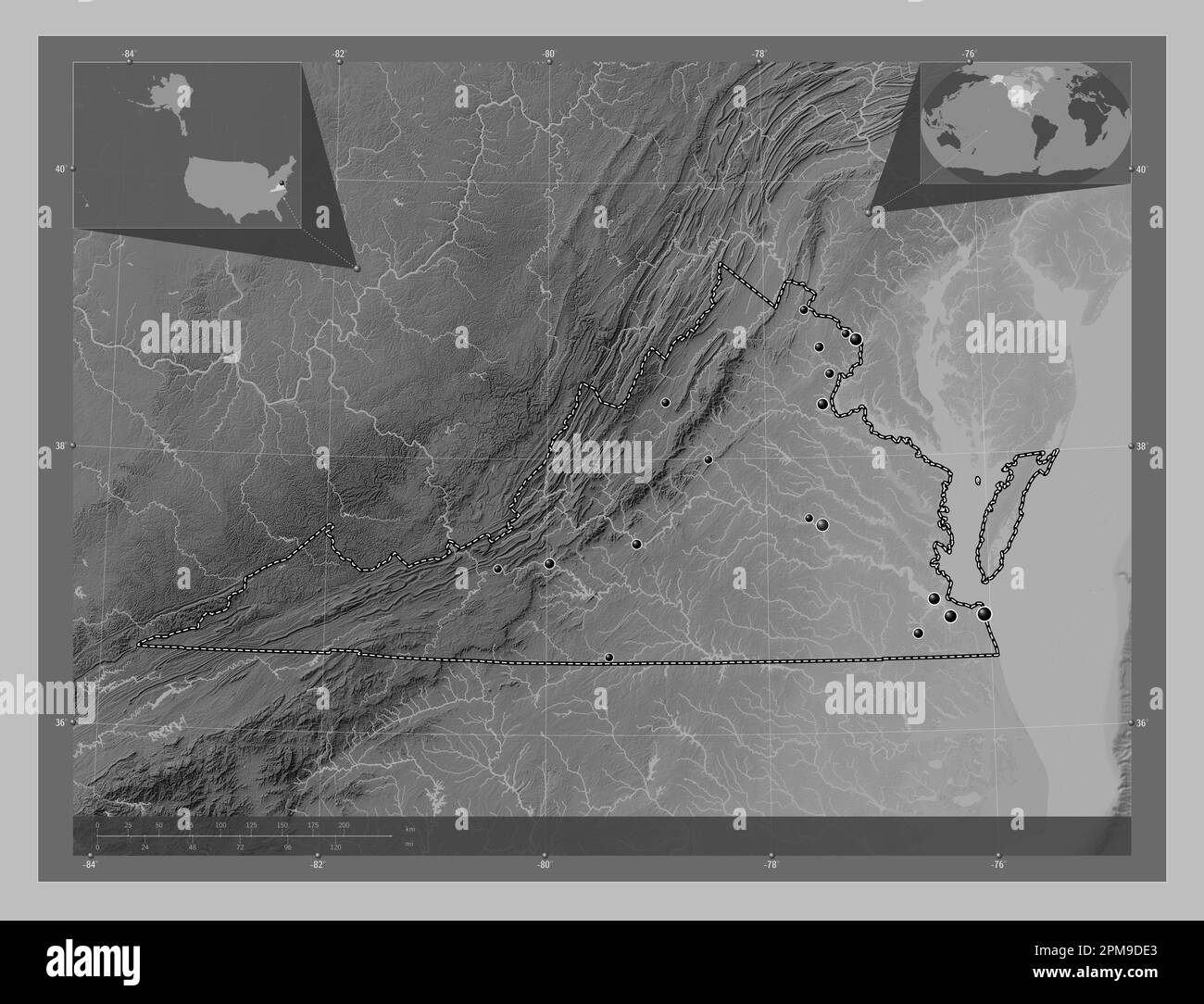 Virginia, state of United States of America. Grayscale elevation map with lakes and rivers. Locations of major cities of the region. Corner auxiliary Stock Photo