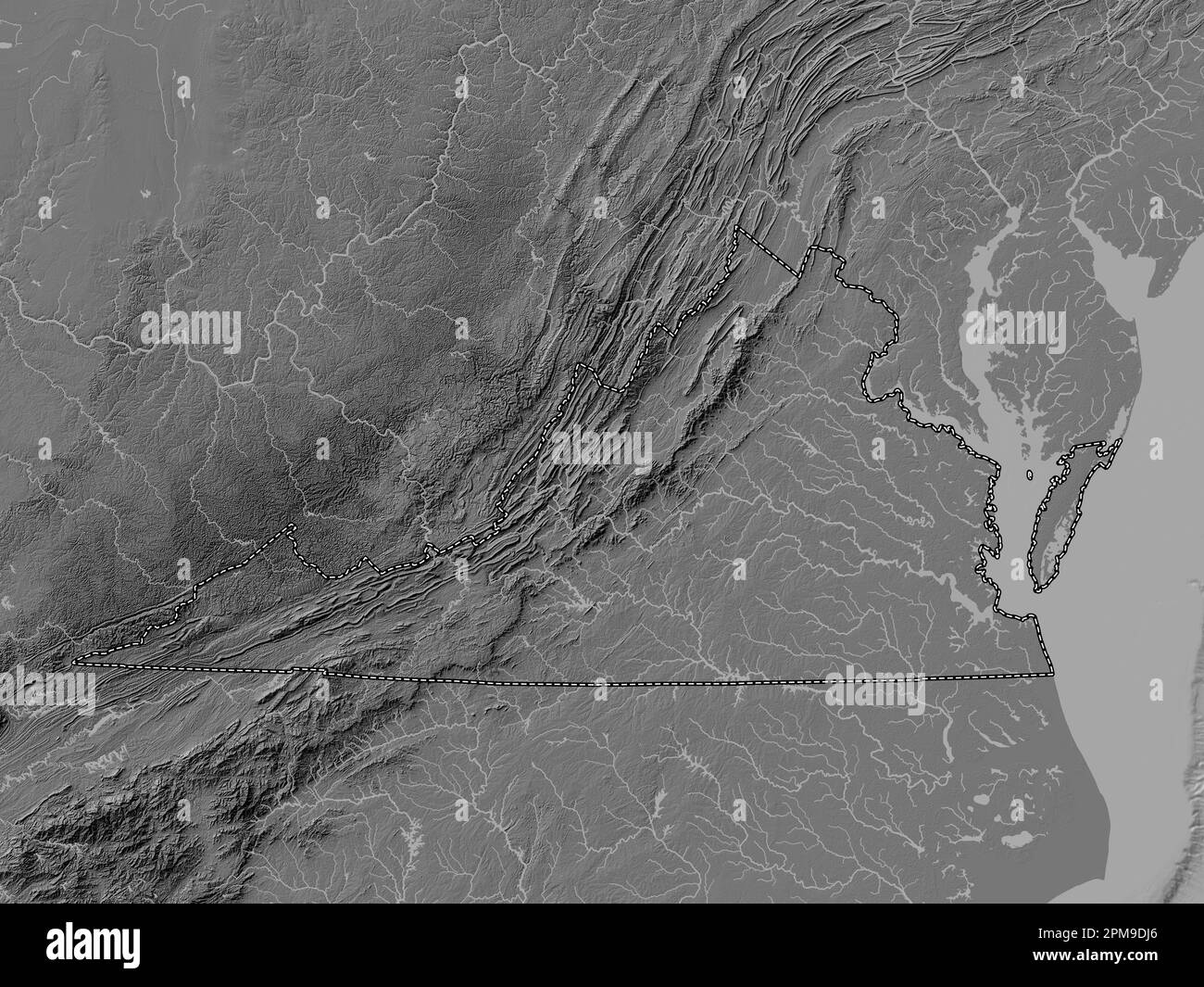 Virginia, state of United States of America. Bilevel elevation map with lakes and rivers Stock Photo