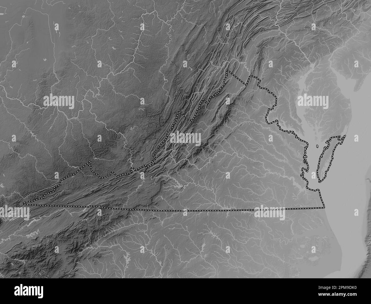 Virginia, state of United States of America. Grayscale elevation map with lakes and rivers Stock Photo