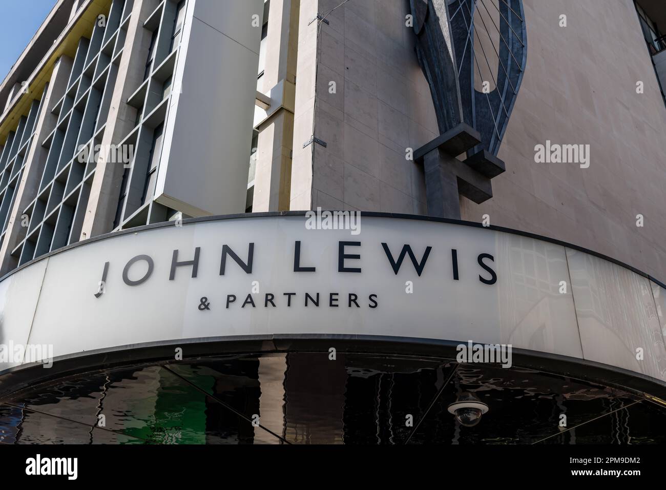 London. UK- 04.09.2023. The name sign on the facade of the flagship John Lewis and Partners department store on Oxford Street. Stock Photo