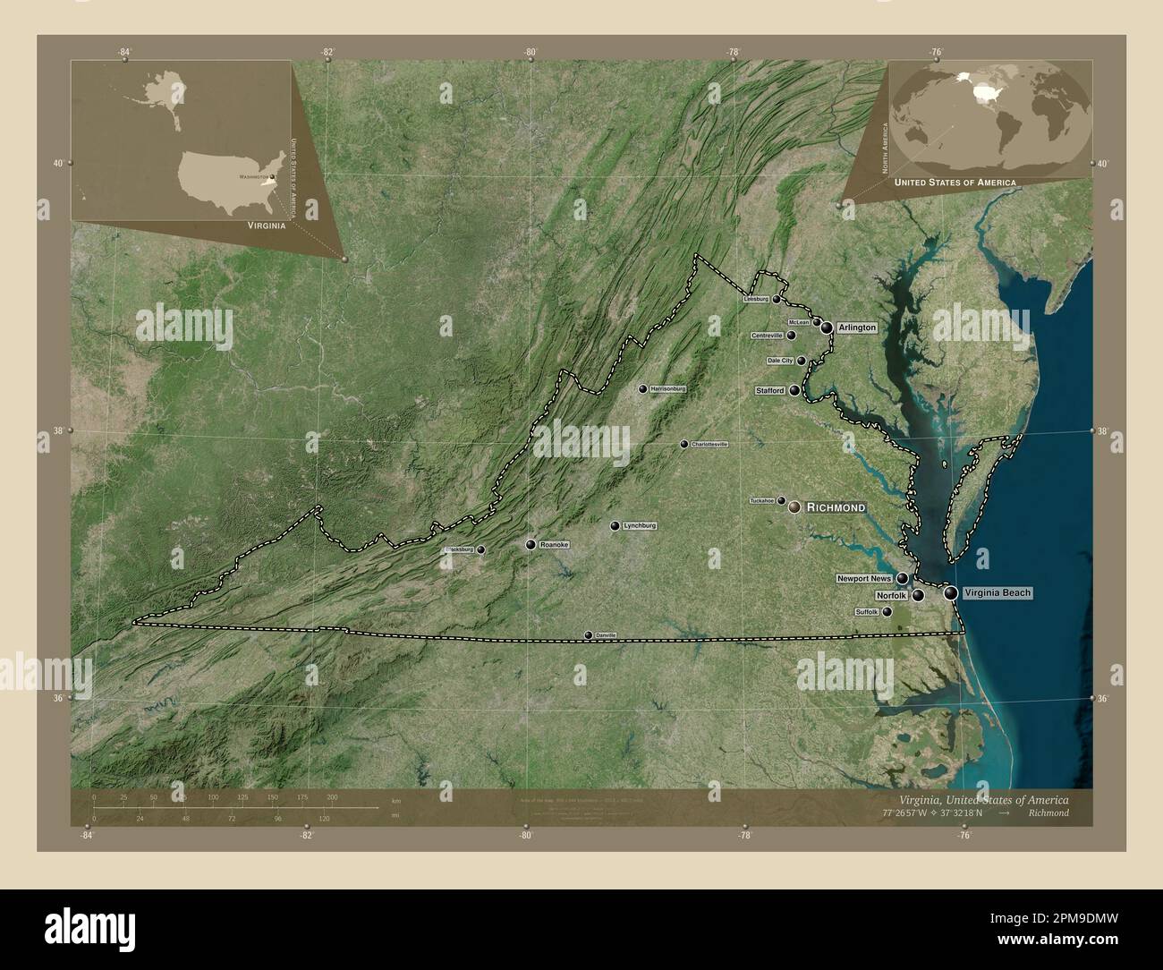 Virginia, state of United States of America. High resolution satellite map. Locations and names of major cities of the region. Corner auxiliary locati Stock Photo