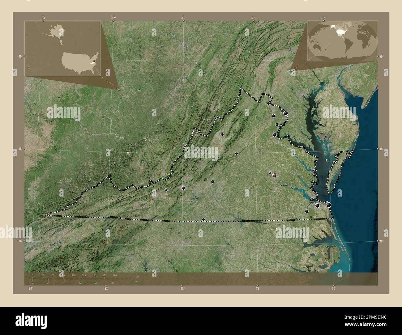 Virginia, state of United States of America. High resolution satellite map. Locations of major cities of the region. Corner auxiliary location maps Stock Photo