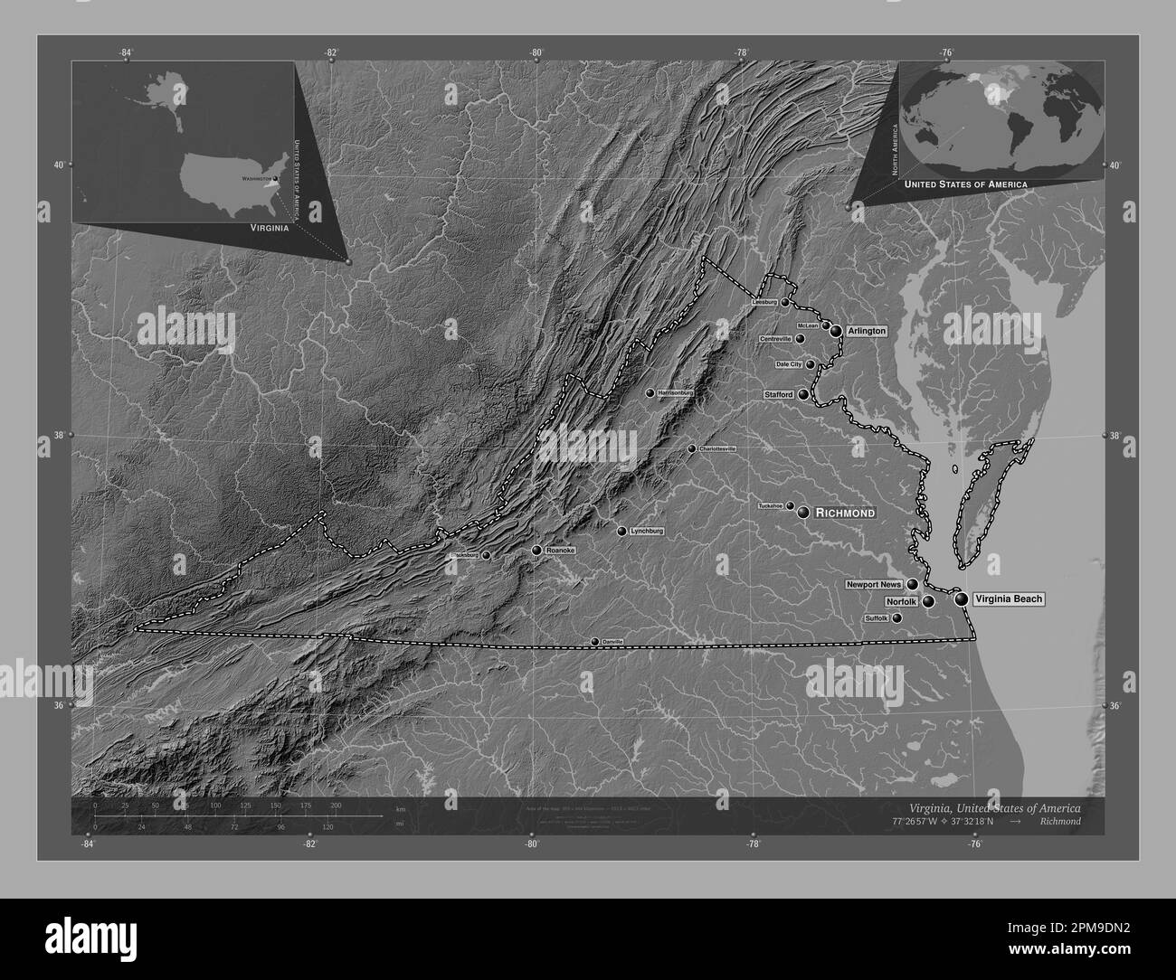 Virginia, state of United States of America. Bilevel elevation map with lakes and rivers. Locations and names of major cities of the region. Corner au Stock Photo