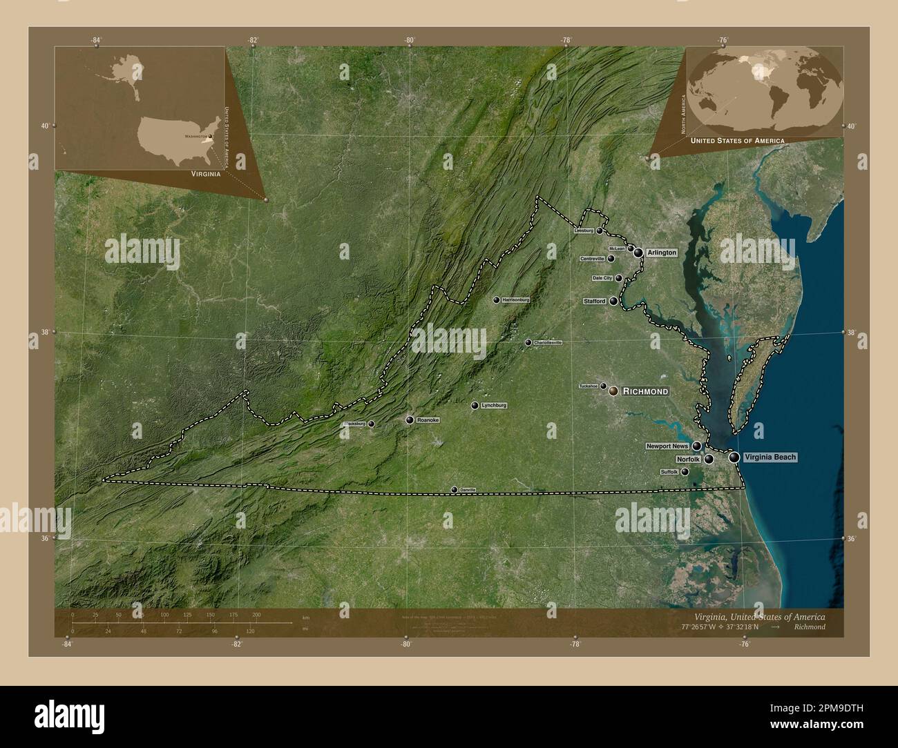 Virginia state of United States - Virginia State Of United States Of America Low Resolution Satellite Map Locations And Names Of Major Cities Of The Region Corner Auxiliary Locatio 2PM9DTH 