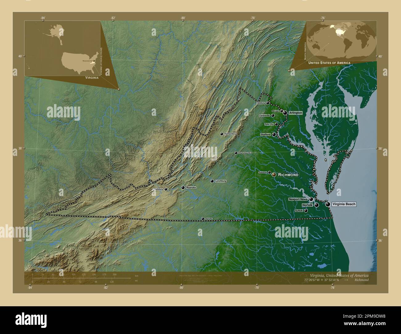 Virginia, state of United States of America. Colored elevation map with lakes and rivers. Locations and names of major cities of the region. Corner au Stock Photo