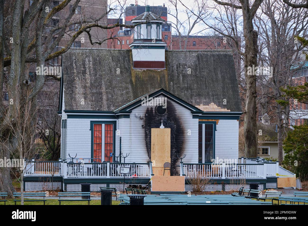 Halifax, Canada. April 2023. Fire damage to the historic Horticultural Hall in the Halifax Public Gardens following suspicious fire the night before Stock Photo