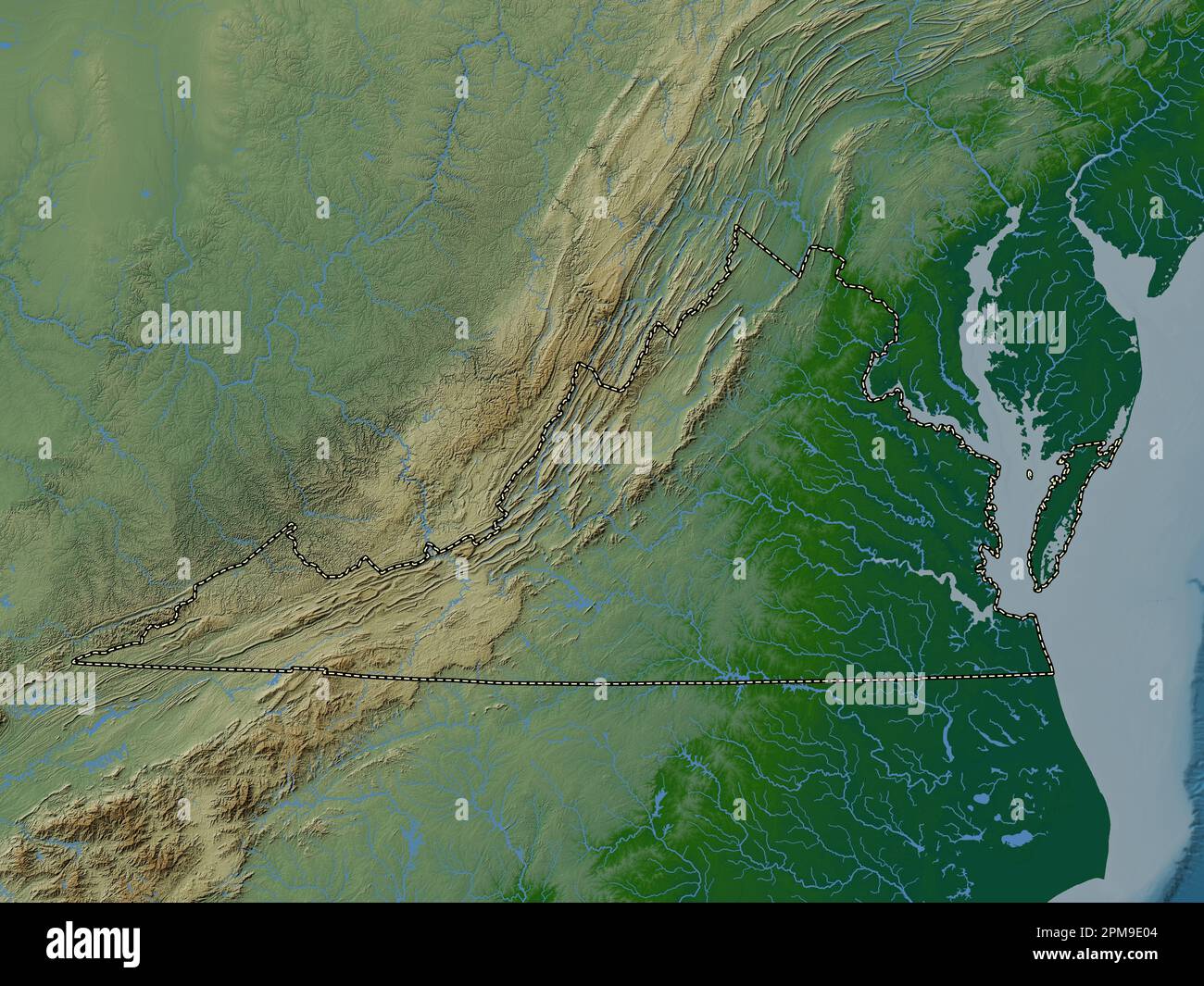 Virginia, state of United States of America. Colored elevation map with lakes and rivers Stock Photo