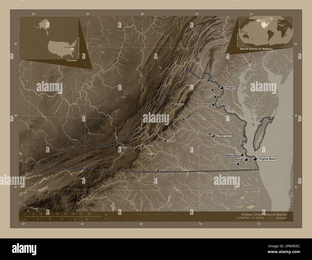 Virginia, state of United States of America. Elevation map colored in sepia tones with lakes and rivers. Locations and names of major cities of the re Stock Photo