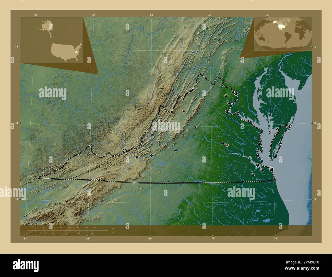 Virginia, state of United States of America. Colored elevation map with lakes and rivers. Locations of major cities of the region. Corner auxiliary lo Stock Photo