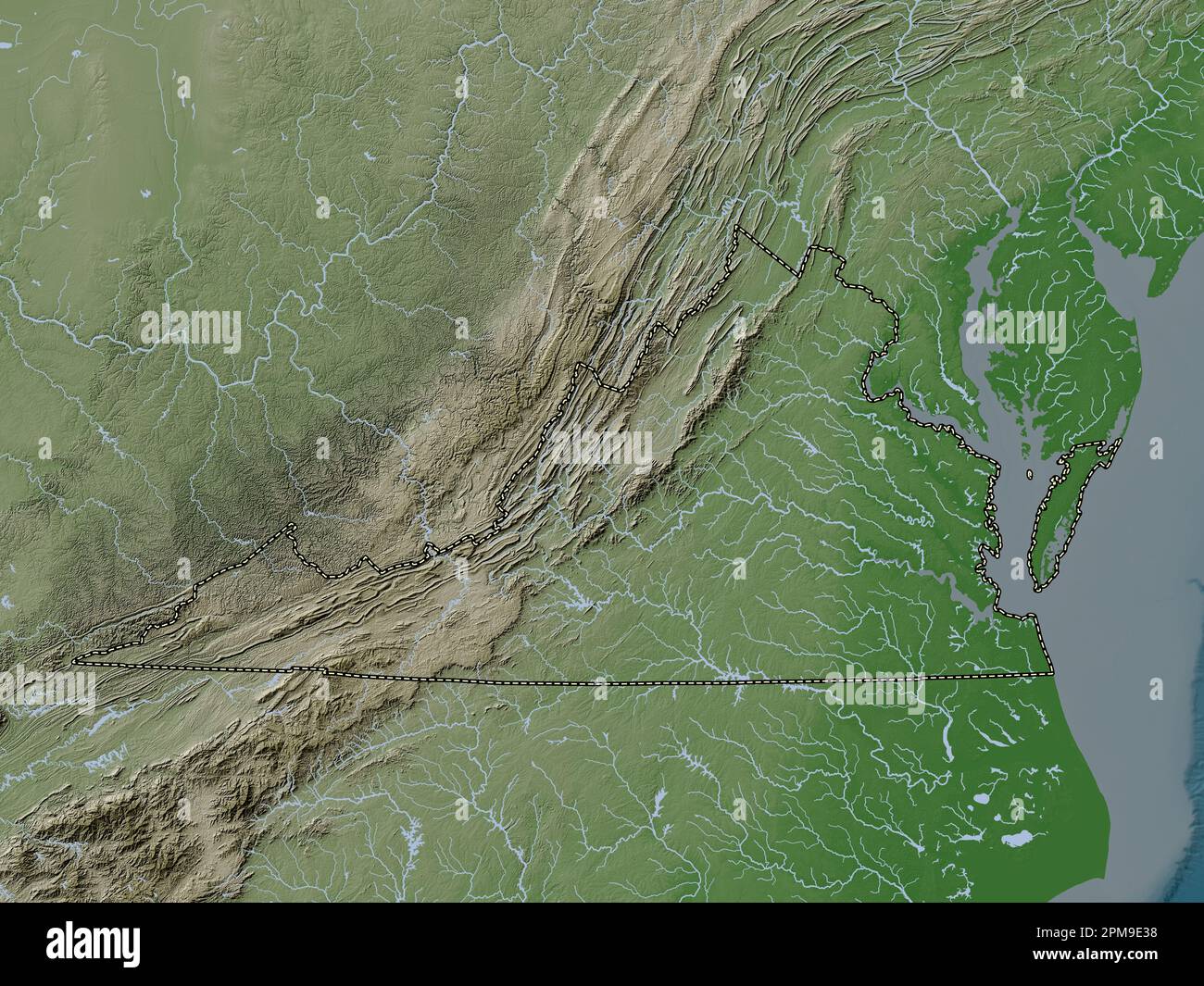 Virginia, state of United States of America. Elevation map colored in wiki style with lakes and rivers Stock Photo