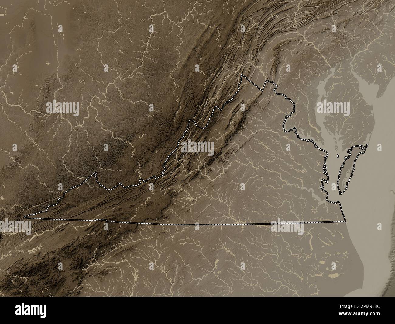 Virginia, state of United States of America. Elevation map colored in sepia tones with lakes and rivers Stock Photo
