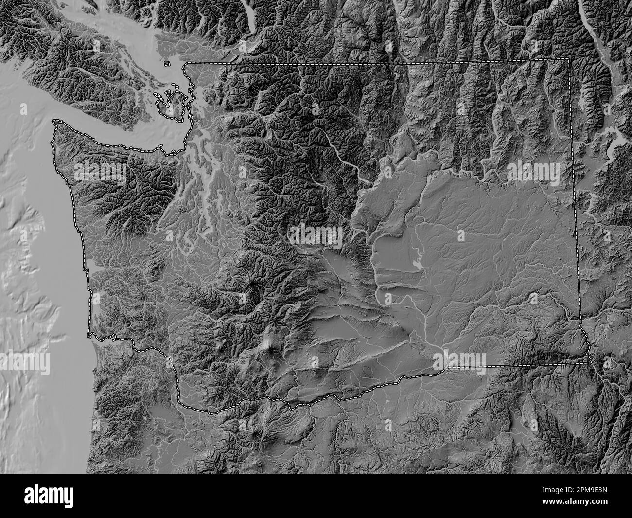 Washington, state of United States of America. Bilevel elevation map with lakes and rivers Stock