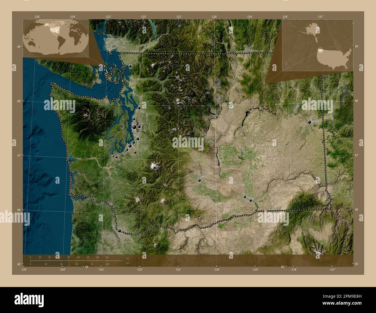 Washington, state of United States of America. Low resolution satellite