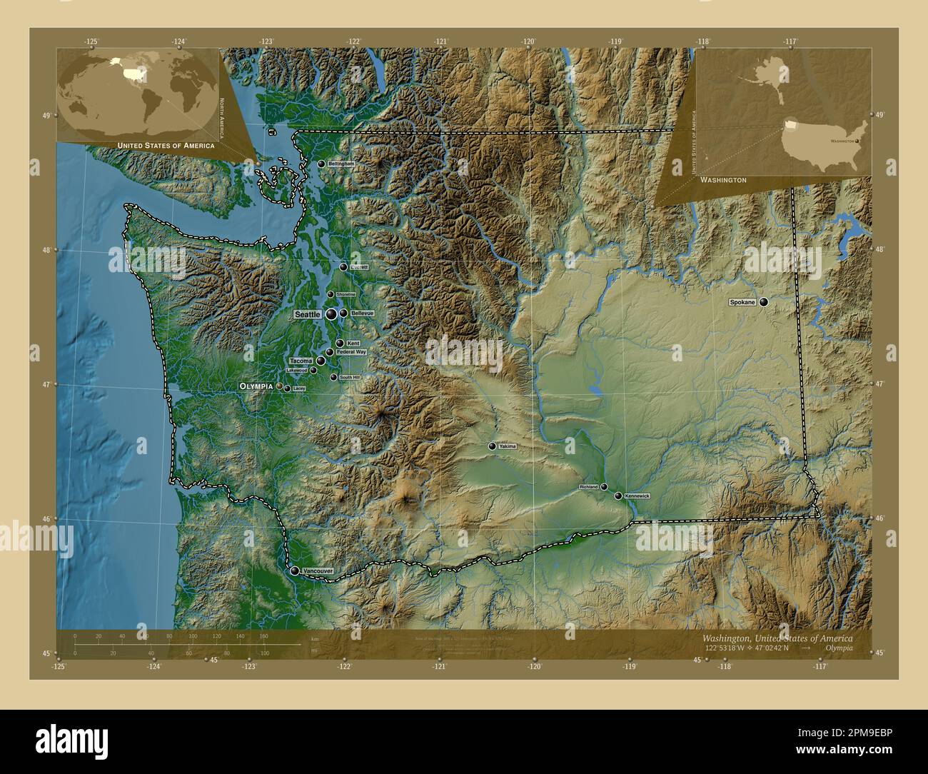 Washington, state of United States of America. Colored elevation map with lakes and rivers. Locations and names of major cities of the region. Corner Stock Photo