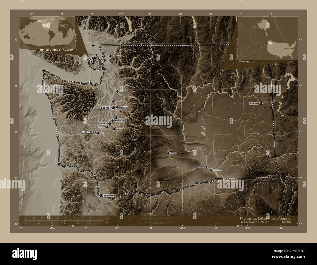 Washington, state of United States of America. Elevation map colored in sepia tones with lakes