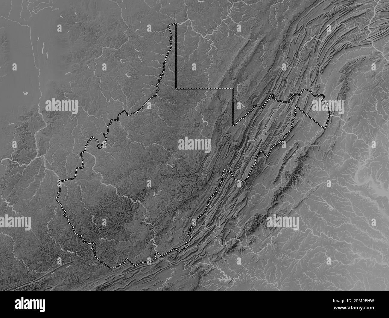 West Virginia, state of United States of America. Grayscale elevation map with lakes and rivers