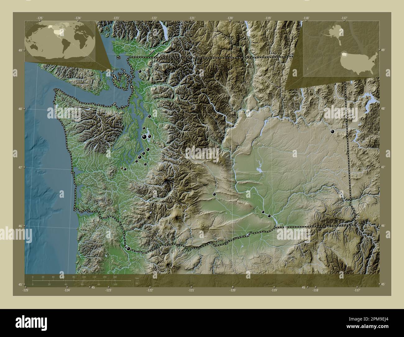 Washington, state of United States of America. Elevation map colored in wiki style with lakes