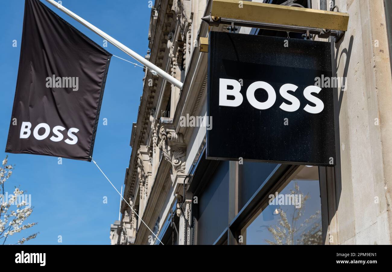 London. UK- 04.09.2023. The name sign of the luxury clothing brand Boss on the facade of its retail store in Regent Street. Stock Photo