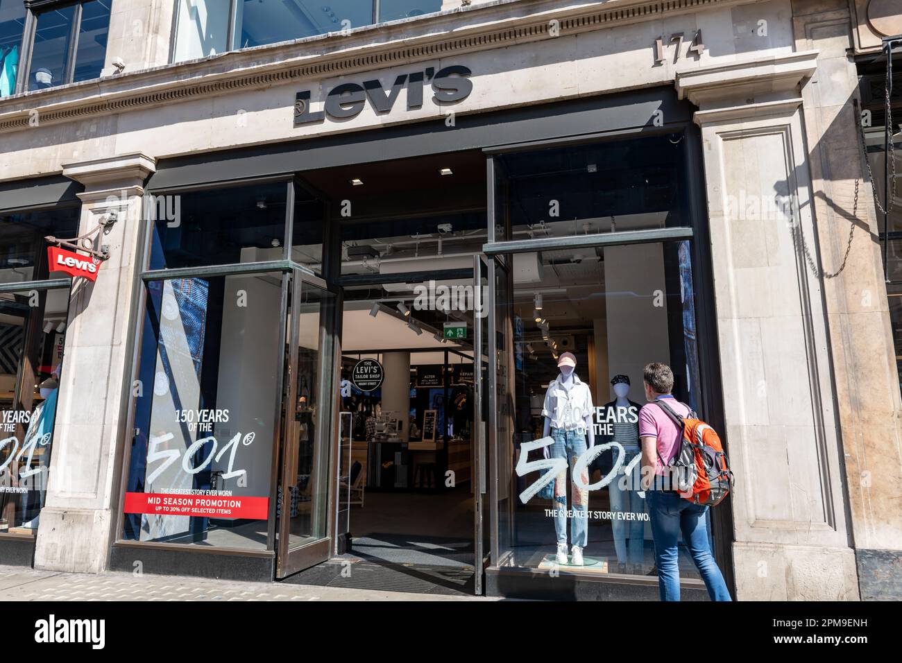 London. UK- 04.09.2023. The store front of the branch of the famous American clothing company Levi's in Regent Street. Stock Photo