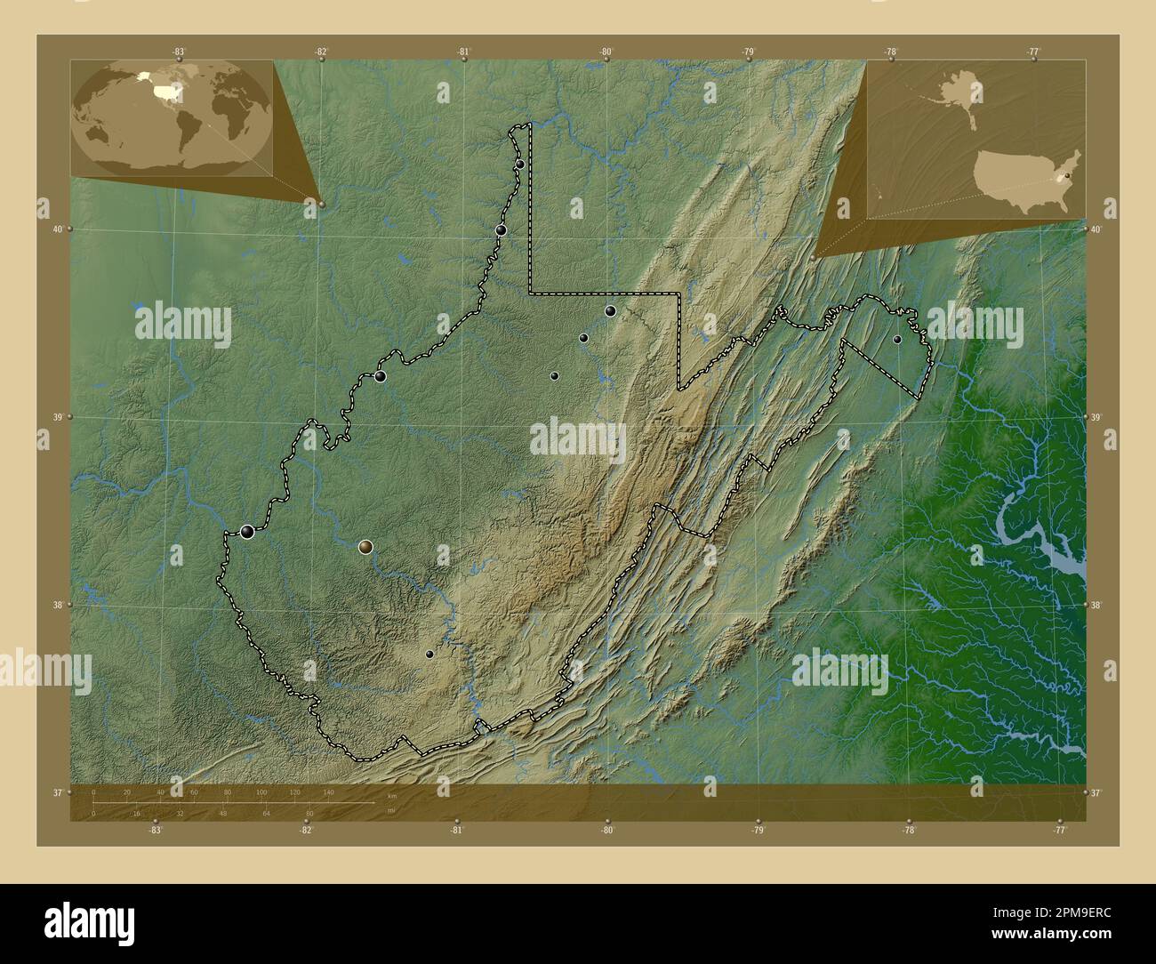 West Virginia, state of United States of America. Colored elevation map with lakes and rivers