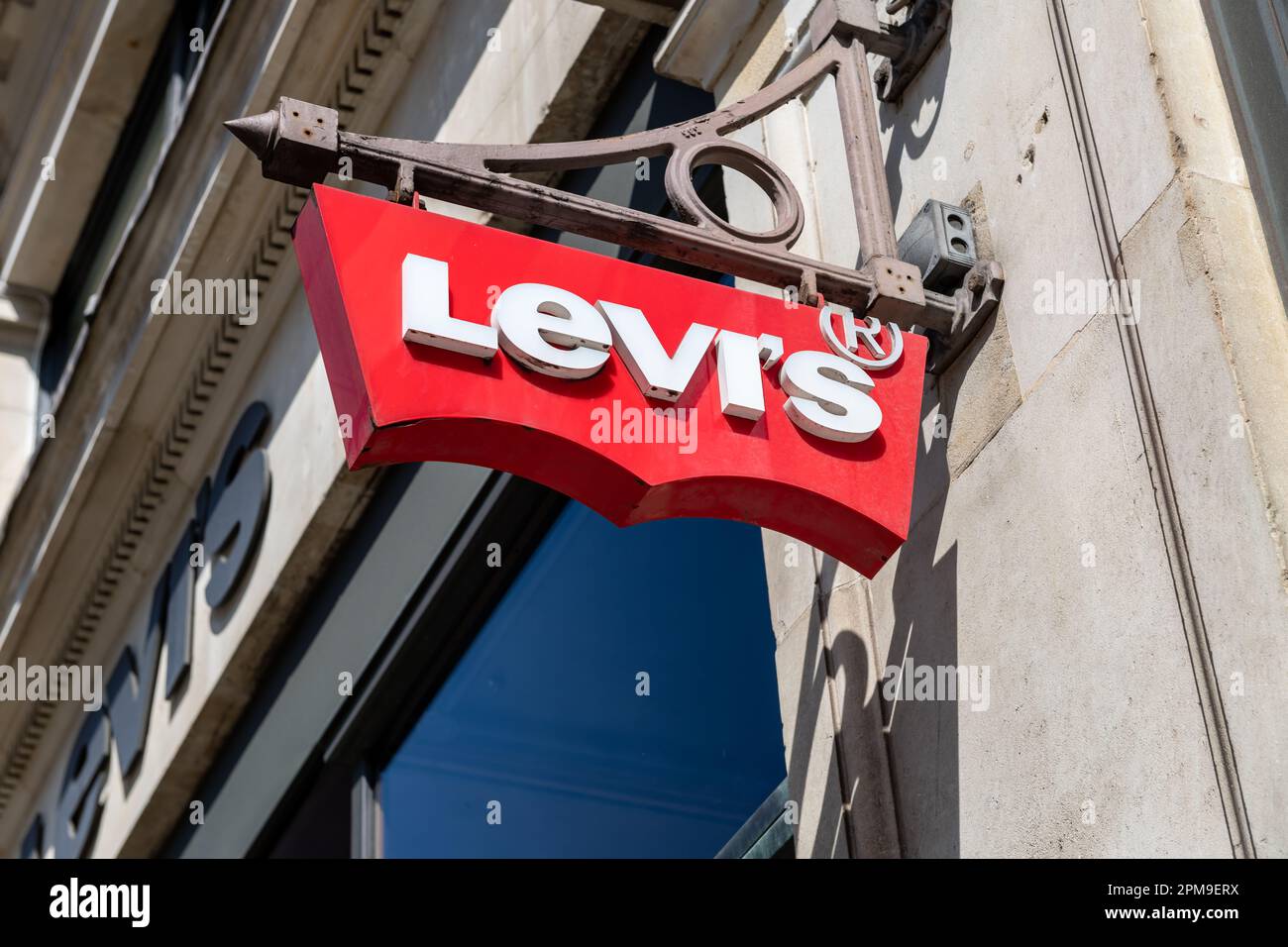London. UK- 04.09.2023. The store sign for the American clothing company Levi's on the facade of its branch in Regent Street. Stock Photo