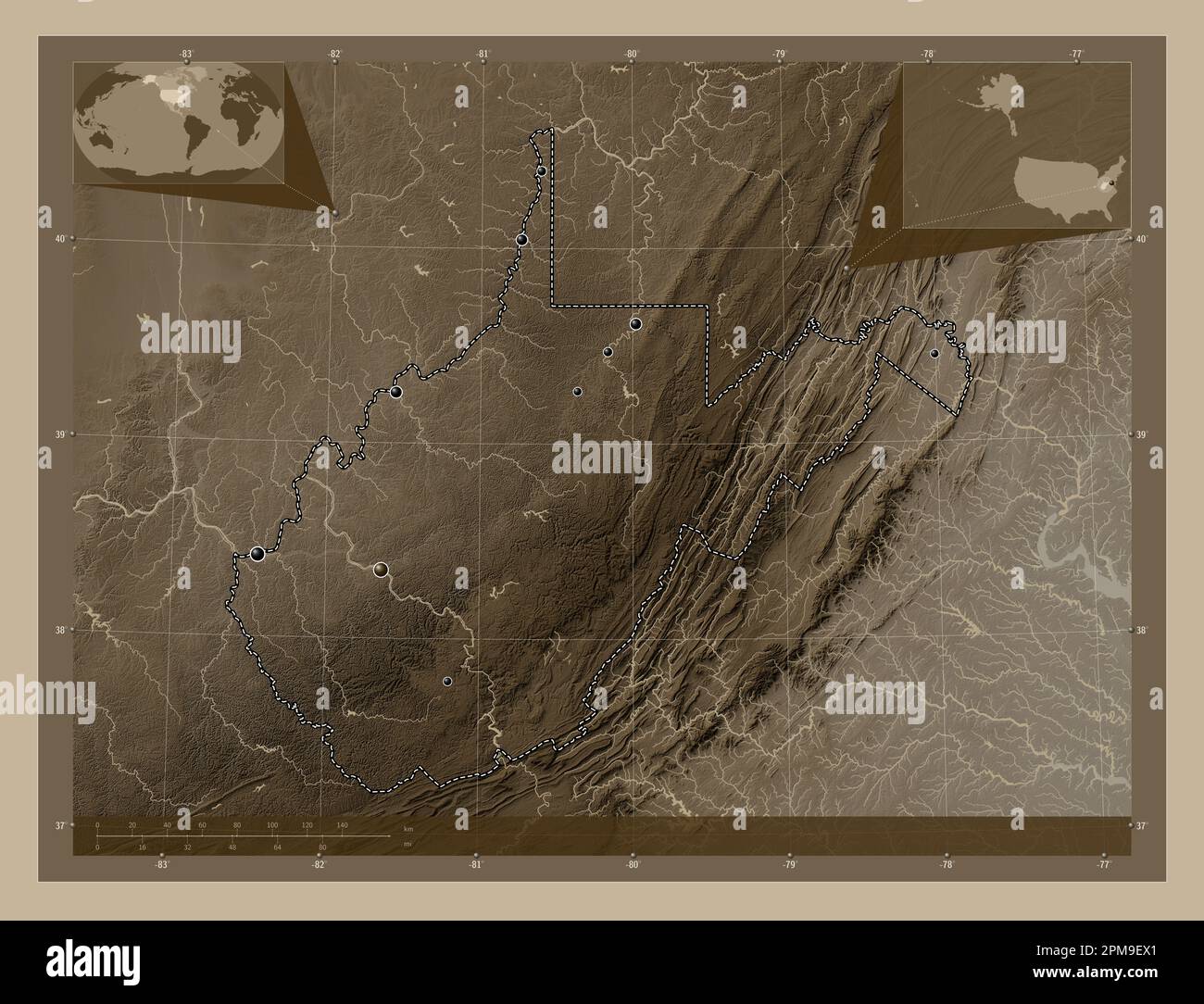 West Virginia, state of United States of America. Elevation map colored in sepia tones with lakes and rivers. Locations of major cities of the region. Stock Photo