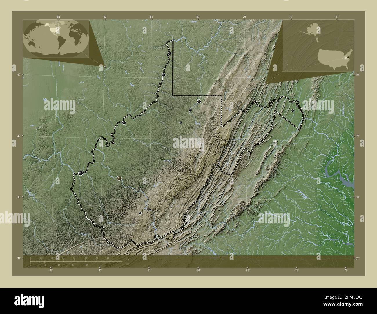 West Virginia, state of United States of America. Elevation map colored in wiki style with lakes