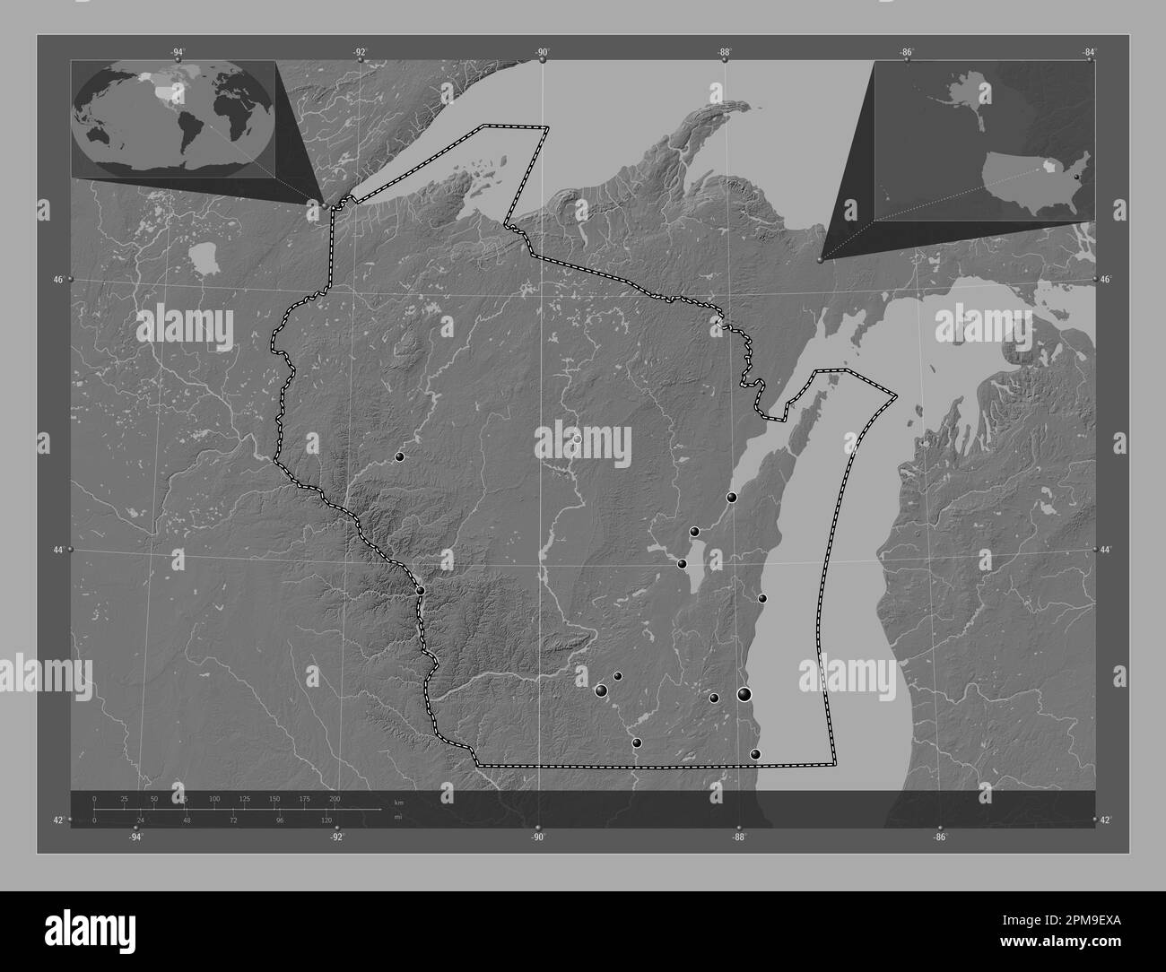 Wisconsin, state of United States of America. Bilevel elevation map with lakes and rivers. Locations of major cities of the region. Corner auxiliary l Stock Photo