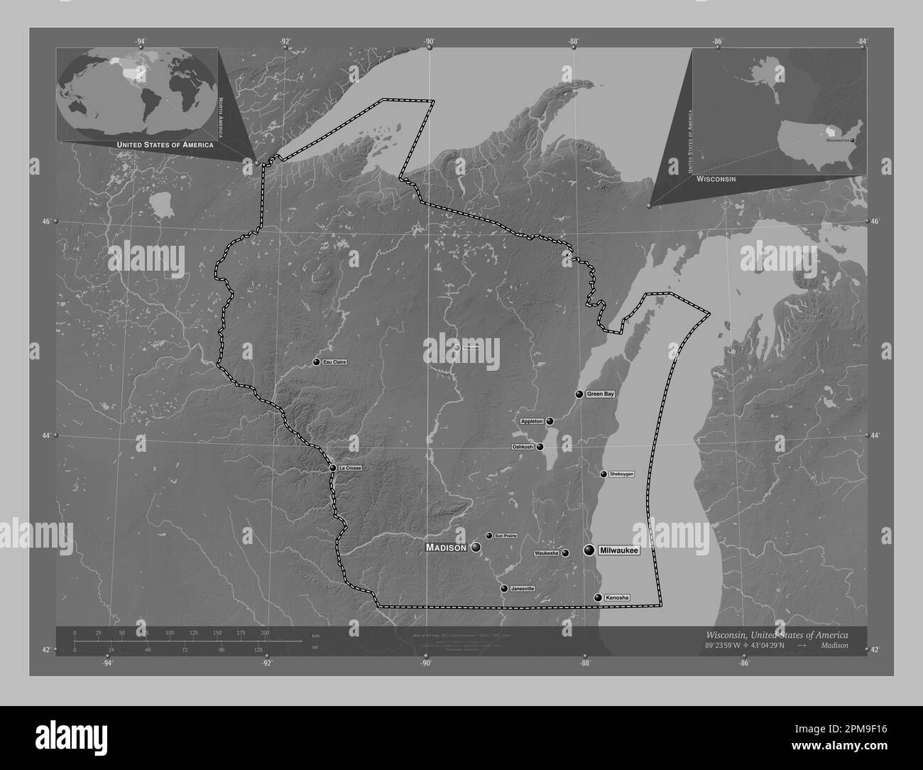 Wisconsin, state of United States of America. Grayscale elevation map with lakes and rivers. Locations and names of major cities of the region. Corner Stock Photo