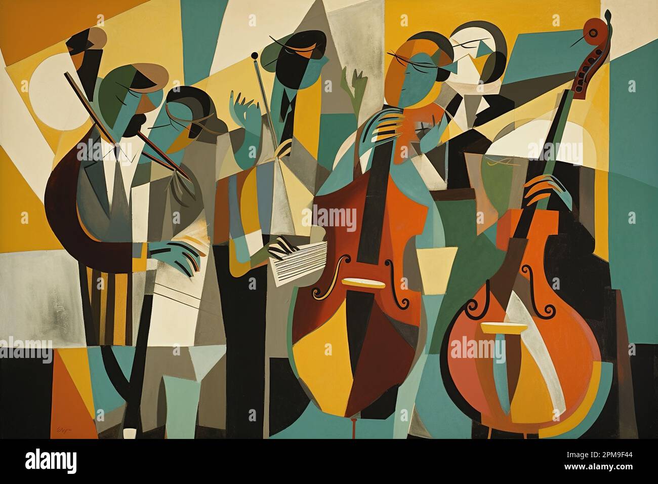 This painting features an abstract representation of a jazz ensemble