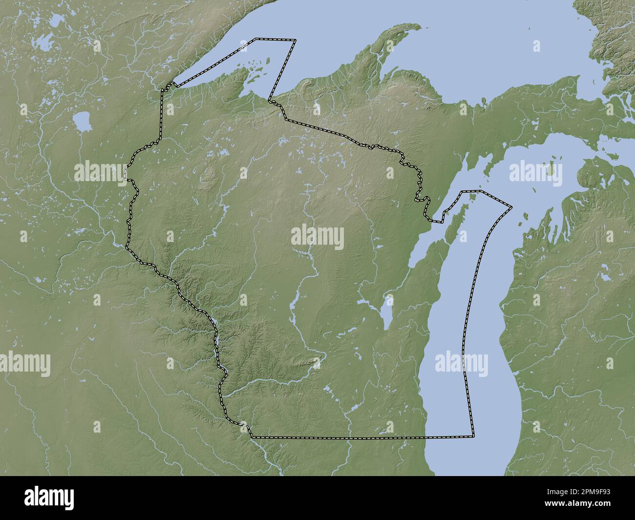 Wisconsin, state of United States of America. Elevation map colored in wiki style with lakes and rivers Stock Photo