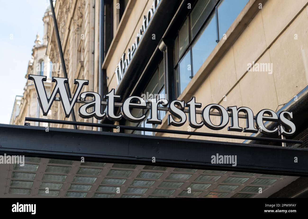 London. UK- 04.09.2023. The Waterstones book retailer name sign on the facade of its Piccadilly store. Stock Photo