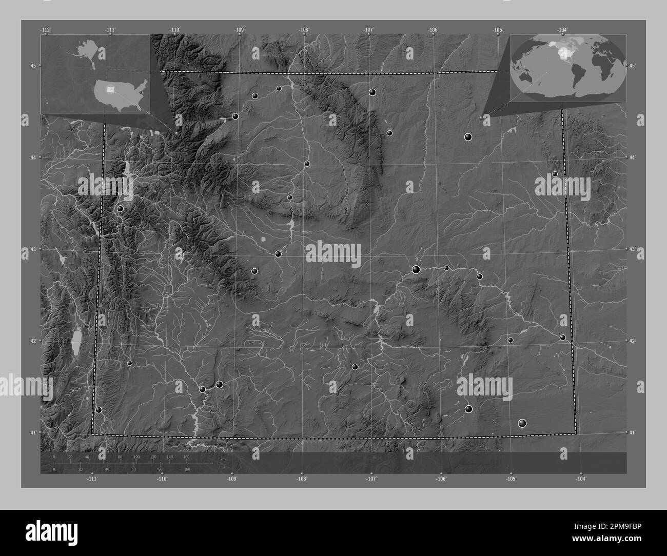 Wyoming state of United States - Wyoming State Of United States Of America Grayscale Elevation Map With Lakes And Rivers Locations Of Major Cities Of The Region Corner Auxiliary L 2PM9FBP 