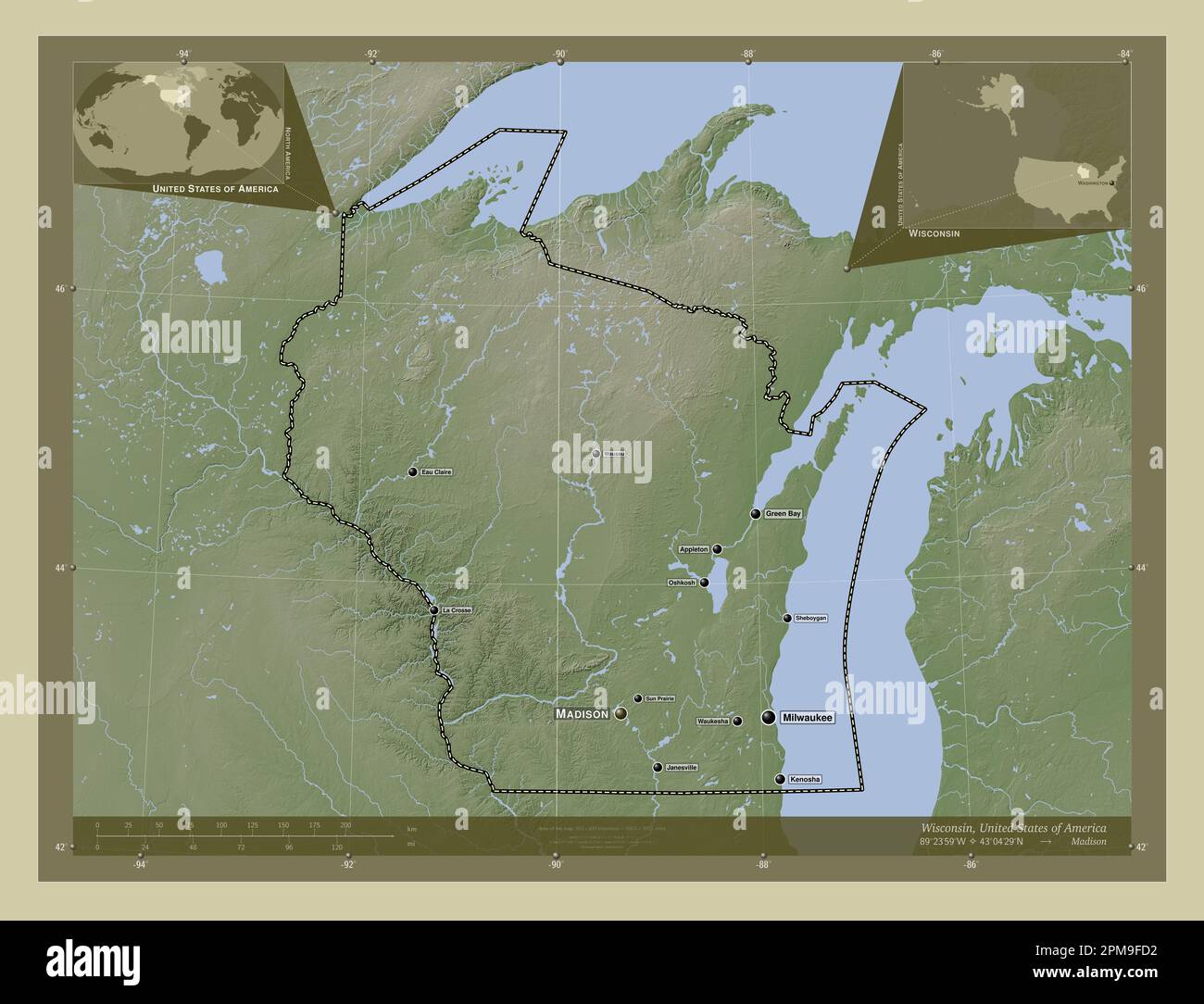 Wisconsin, state of United States of America. Elevation map colored in