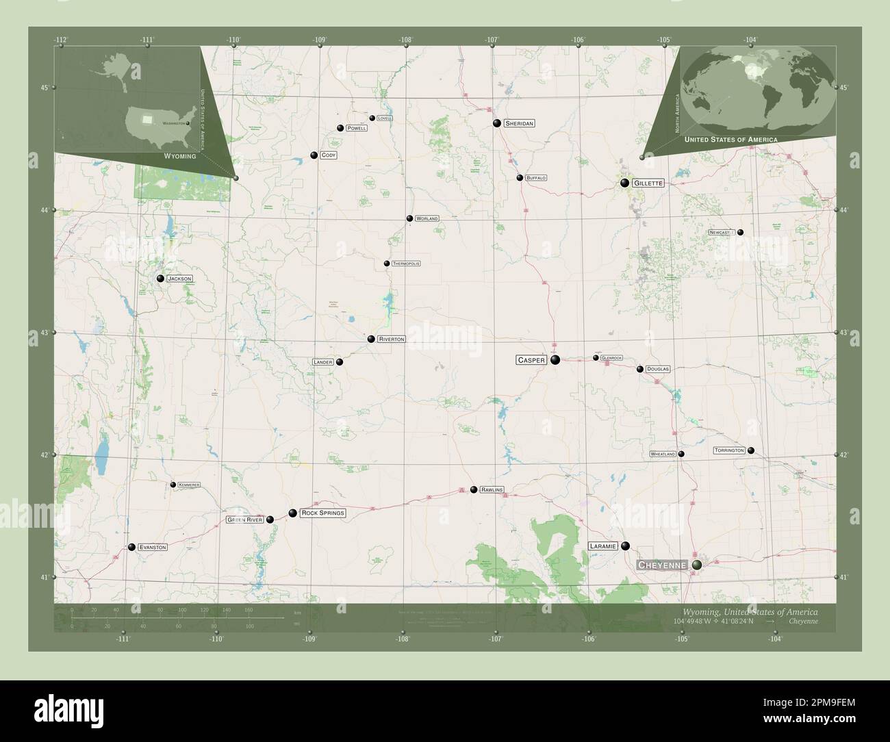 Wyoming, state of United States of America. Open Street Map. Locations and names of major cities of the region. Corner auxiliary location maps Stock Photo